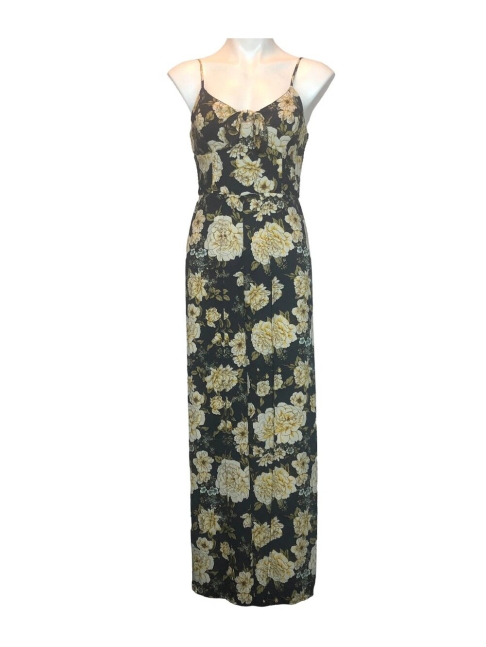 Xhilaration Cami Jumpsuit Navy Gold Yellow Floral Print High Leg Slit Medium